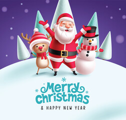 Christmas characters greeting card vector design. Merry crhistmas and happy new year greeting text with santa claus waving, cute reindeer and friendly snowman character in snow winter background. 