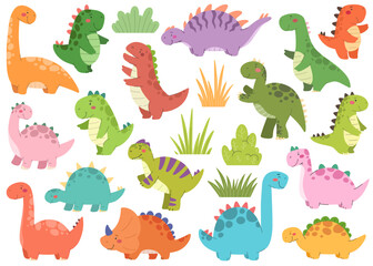 Big collection of cute dinosaurs in flat  style. Baby dinosaur vector isolates.