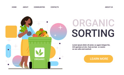 Organic sorting waste management concept woman holding vegetables placing them in green bin colorful geometric background website design