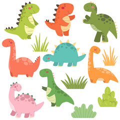 Collection of cute dinosaurs in flat style. Baby dinosaur vector isolates.