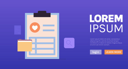 Hospital patient registration paper and medical checklist concept flat vector illustration.	
