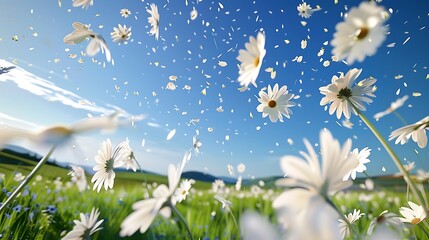 Pure white daisy petals falling from a clear blue sky during a mild spring day, with a backdrop of green meadows and white daisies swaying in the breeze.