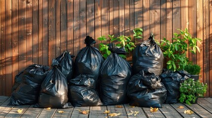 Many garbage bags and full waste bin on the floor with wood fence,front modern clean home,black plastic bag,Waiting for the rubbish keeper officers to take them away,Waste management.