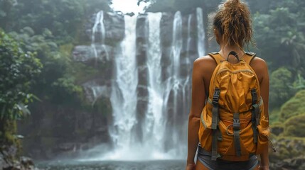 A woman is standing in front of a waterfall with a yellow backpack on
