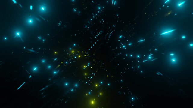 Fly through technology cyberspace with neon glow. Sci-fi flight through hi-tech technology tunnel. Hologram and neon light. 3d looped seamless 4k bright background. Data flow