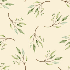 Seamless pattern with green eucalyptus leaves and green berry. Botanical natural print for textile design. Watercolor isolated illustration on light orange background.