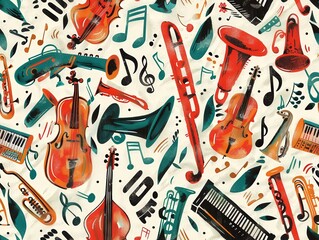 Vintage jazz music instrument vector seamless pattern with doodle guitar, piano, drum silhouette icons