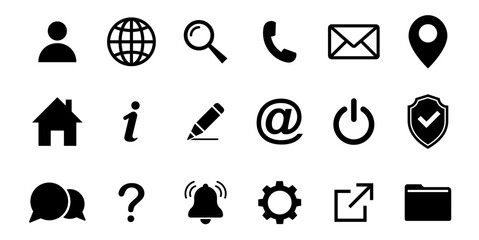 Web icon set. Home, location, call, at, email, address, globe, chat, message, mail, telephone, information, support, search, website, icon. Contact and web icons set. Website set icon vector.