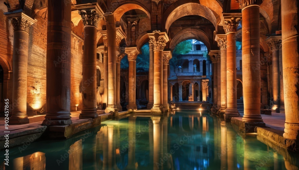 Poster ancient roman baths with pool and columns.