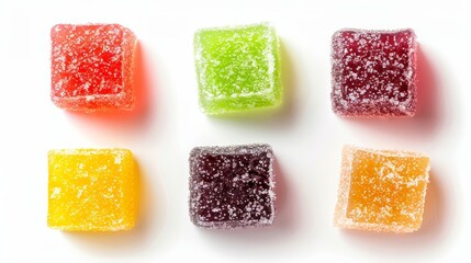 Colorful gummy jelly cubes covered with sugar isolated on white background, sweets, candies