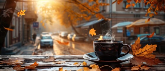 cup of coffee on cafe table street view with cars and fall autumn leaves