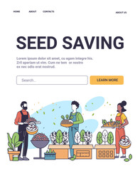 Seed saving eco-friendly farming concept illustration with people harvesting organic seeds from plants various containers and greenery minimalistic style