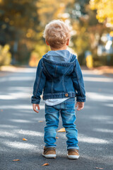 little boy with his back to his parents looks the way forward, future concept, UGC, denim clothing, 3-4 years old, setting out on the road,