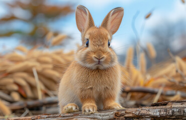 Fototapeta premium A small brown rabbit is standing on a log. The rabbit is looking at the camera with its eyes wide open