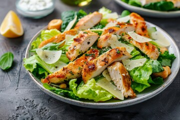 Caesar Salad, Green Lettuce Salat with Chicken and Parmesan Cheese, Caesar Salad, Copy Space