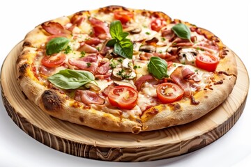 Canadian Pizza or Regina with Bacon, Tomatoes, Boletus Mushrooms, Fresh Basil, Tomato Sauce