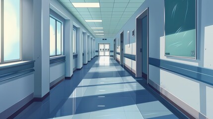 Contemporary Empty Hospital Corridor Interior Design with Soothing Ambiance - Modern Medical Center Hallway Background for Healthcare Facilities