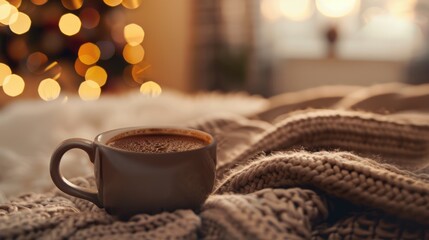 A soft focus image of a cup of hot chocolate with shallow depth of field and blurred surroundings, creating a cozy atmosphere