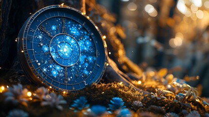 a blue clock with lights on it.