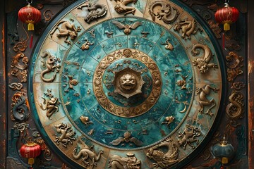 Fototapeta premium a circular blue and gold circular object with animals.