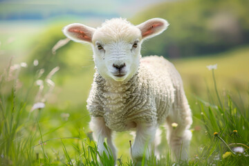 Obraz premium A Lamb Standing in a Field of Green Grass