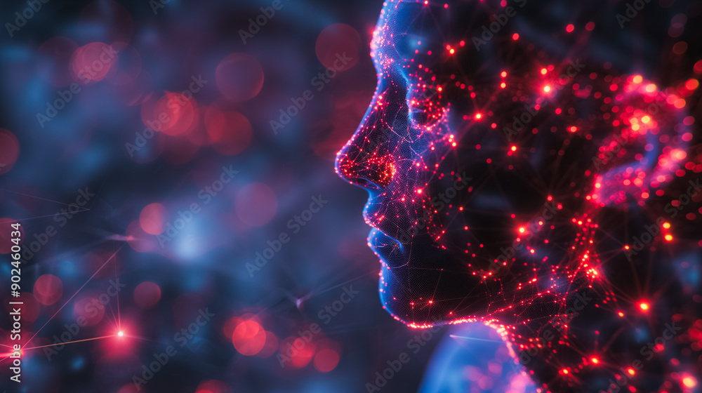 Poster abstract background with a hologram of the human body schematic, showcasing neural connections and o