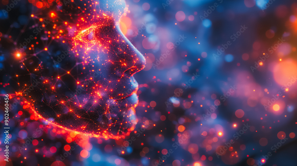 Poster abstract background with a hologram of the human body schematic, showcasing neural connections and o