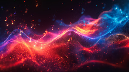 Vibrant 3D background with musical notes and dynamic waves, designed to elevate music-related content and digital media.
