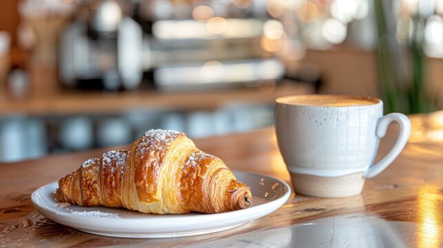 croissant served with latte on a blurred cafe background