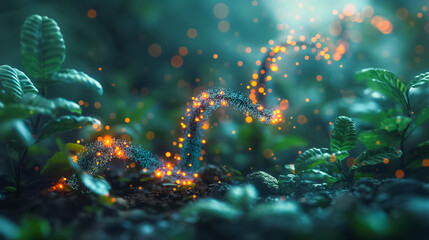 Fototapeta premium Synthetic biology visualization with a plant graphic combined with DNA, showcasing innovations in green biotechnology.