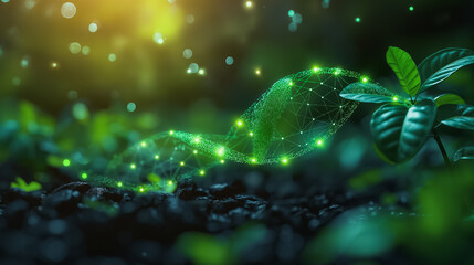Concept of green biotechnology featuring a graphic of a plant intertwined with DNA, illustrating synthetic biology advancements.