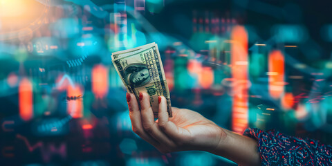 Hand Holding Dollar Bills Against a Digital Financial Background Representing Wealth and Investment Opportunities