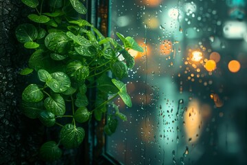 Fototapeta premium Vertical Garden with Lush Green Plants and Water Droplets Concept of Innovation and Sustainability in Urban Agriculture