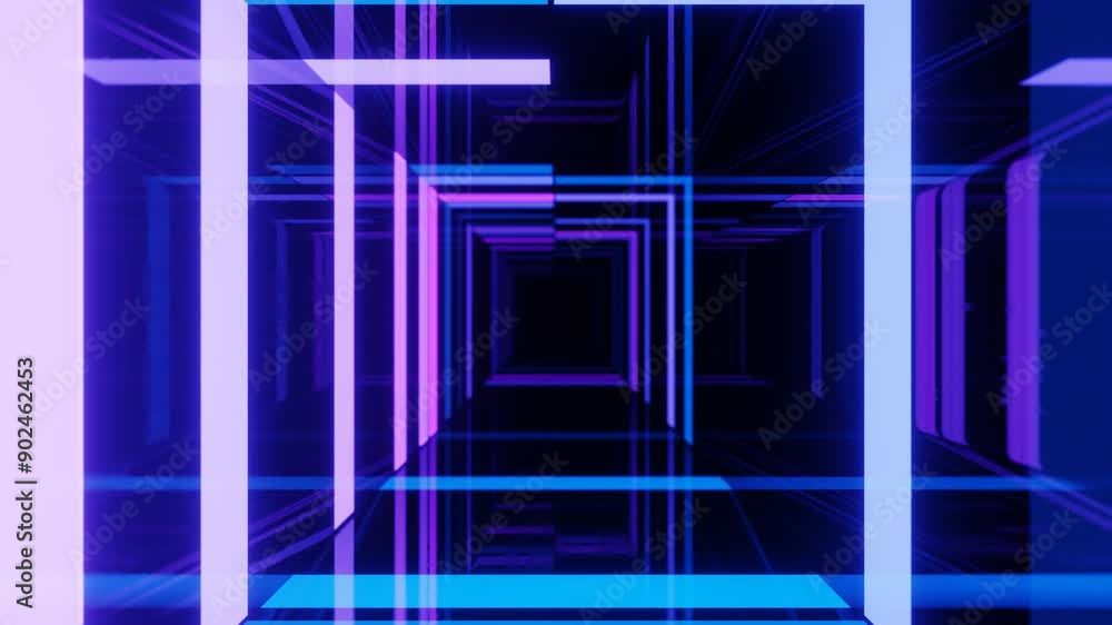 Poster blue purple line pattern. 4k seamless looped animation. fly through mirror tunnel with neon pattern,