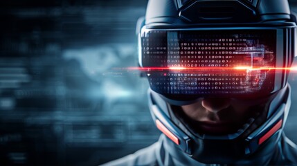 A futuristic cyborg with advanced goggles, illuminated by red light, representing technological progress and human evolution.