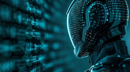 A futuristic robot with a glowing helmet stands against a wall of binary code. The image depicts the intersection of technology and the digital age.