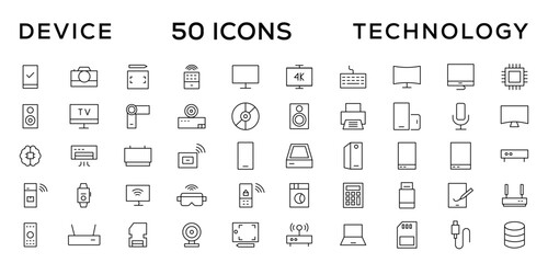 Device and technology line icon set. Electronic devices and gadgets, computer, equipment and electronics. Computer monitor, smartphone, tablet and laptop simple icon collections
