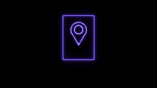 Abstract beautiful neon line location icon purple color animation. Glowing neon line Map location pin rectangle frame on black background. 