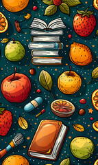 A colorful book and fruit patterned background. The book is open and has a blue pill on top of it