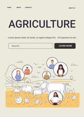 Agriculture industry concept farm animals and workers in circles fields and barn in background minimalistic thin line style