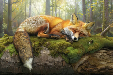 Naklejka premium A Red Fox Napping on a Moss-Covered Log in a Forest