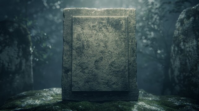 A weathered stone tablet stands alone in a misty forest, bathed in a beam of sunlight.  The inscription on the tablet is obscured by time.