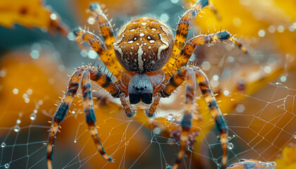 A spider is on a web and it is brown and white. The spider is looking at the camera