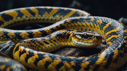 Obraz premium Closeup portrait of a venomous yellow and black banded snake coiled on a rock