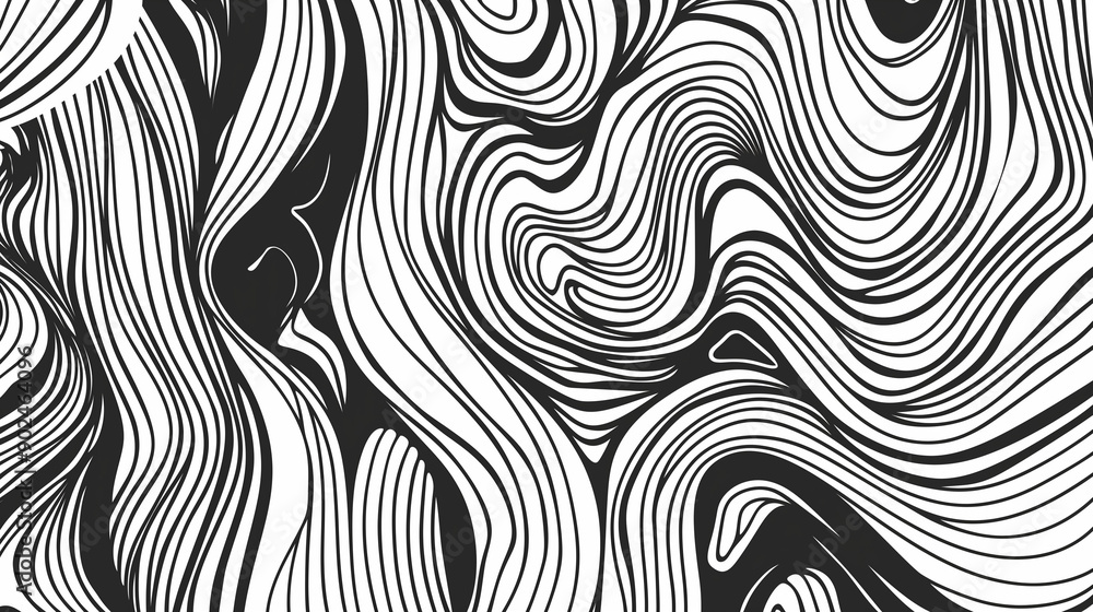Poster a series of abstract, wavy, and curvy lines. these lines vary in thickness and spacing, creating a r