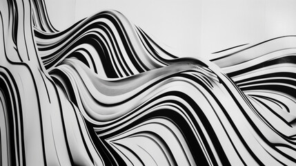 A series of abstract, wavy, and curvy lines. These lines vary in thickness and spacing, creating a rhythmic and harmonious visual pattern. They are predominantly black and white, with the black lines