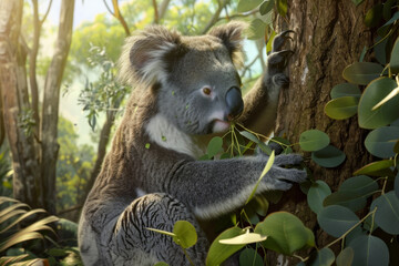 Obraz premium Koala Bear Eating Eucalyptus Leaves on a Tree