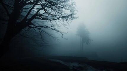 Dark misty view, enchanted vampires, expansive landscape, ominous and shadowy