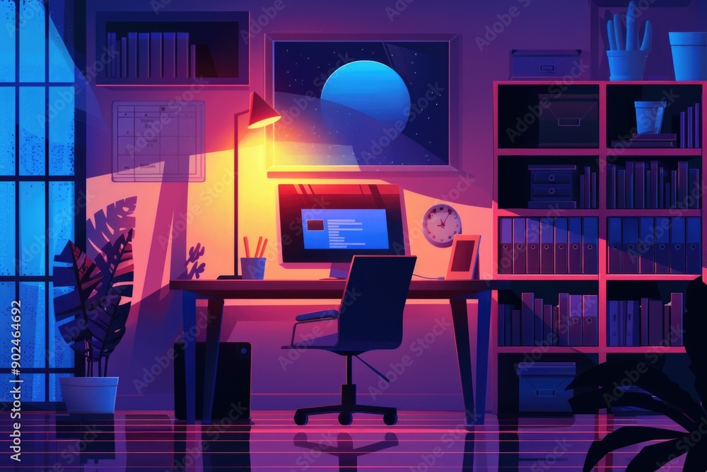 Poster a desk with chair, bookshelf, and computer monitor in an office setting
