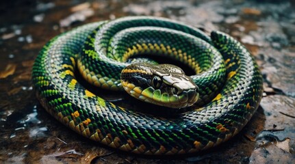 Fototapeta premium Closeup of a bright green and yellow snake coiled on the forest floor